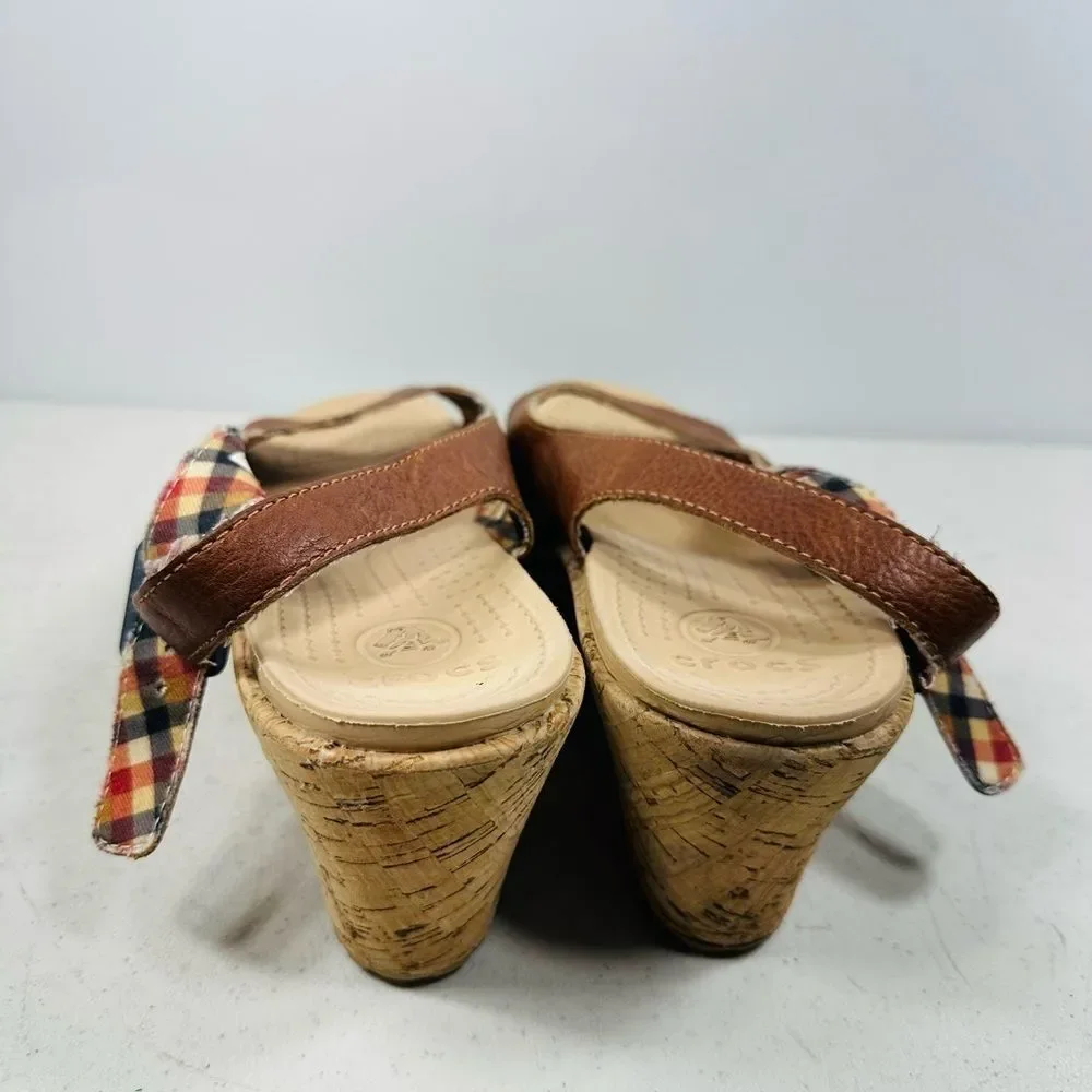 Crocs A-Leigh Brown Leather Slingback Cork Wedge Heels Sandals- Womens Size US 8